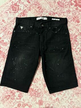 GUESS Black Men’s Paint-Splatter Denim Shorts